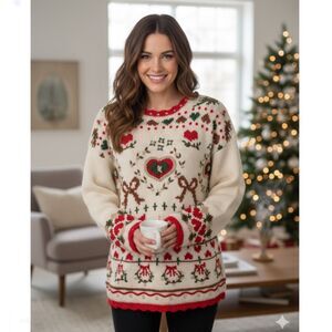 Vintage Hand Knit Christmas Sweater Jennifer & Company Heart Reindeer Womens L